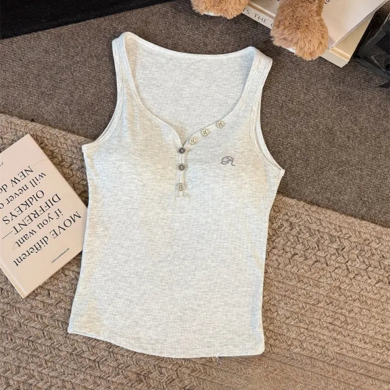 Button-Front Ribbed Tank Top