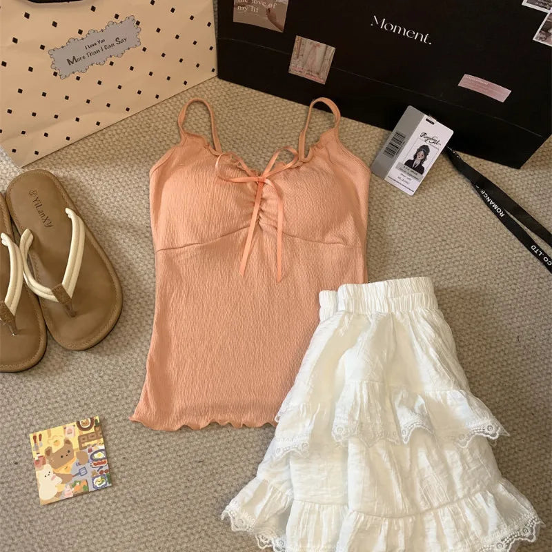 Ruffled Lace-Up Camisole