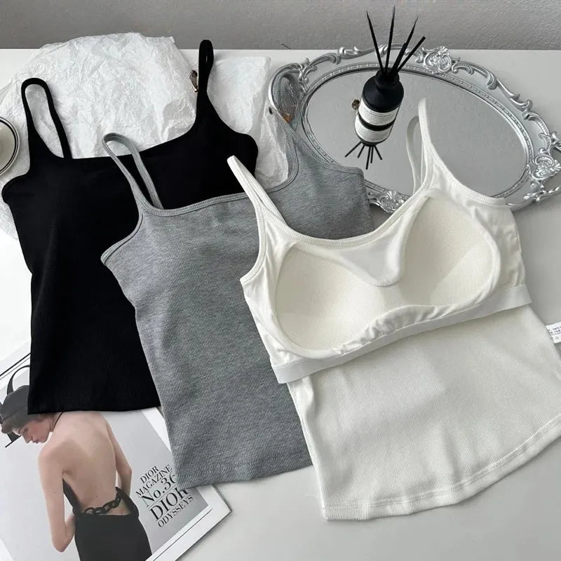 Ribbed U-Back Tank Top Grey Black White Inside out view Built-in padding