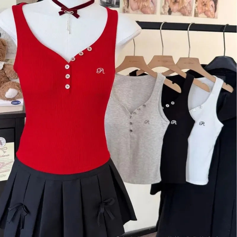 Button-Front Ribbed Tank Top Image 3