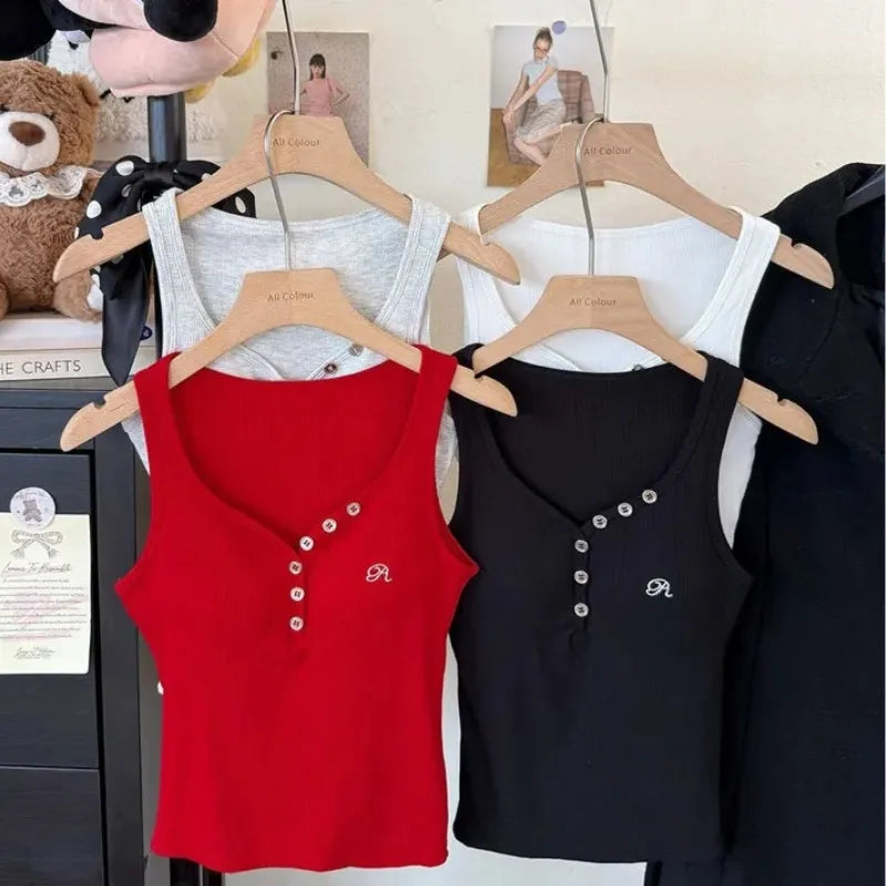 Button-Front Ribbed Tank Top Image 2