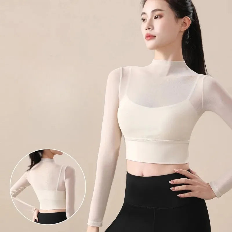 Mesh Long-Sleeve Crop Top with Built-In Bra Image 8