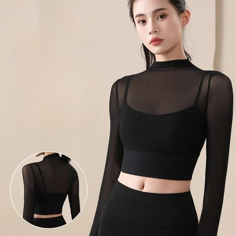 Mesh Long-Sleeve Crop Top with Built-In Bra Image 6