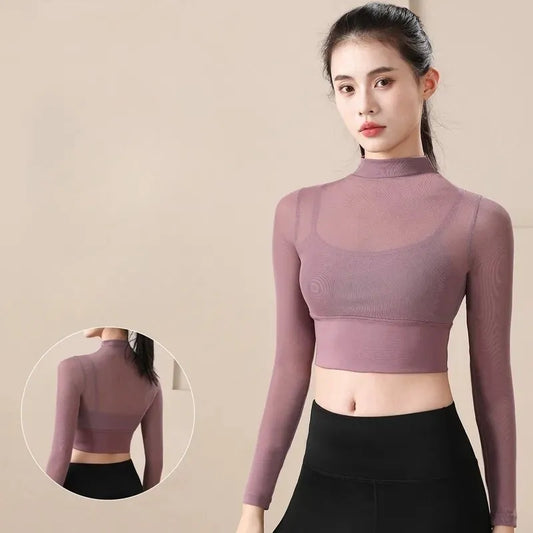 Mesh Long-Sleeve Crop Top with Built-In Bra Image 2