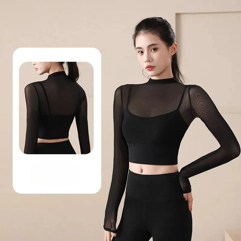 Mesh Long-Sleeve Crop Top with Built-In Bra Image 3